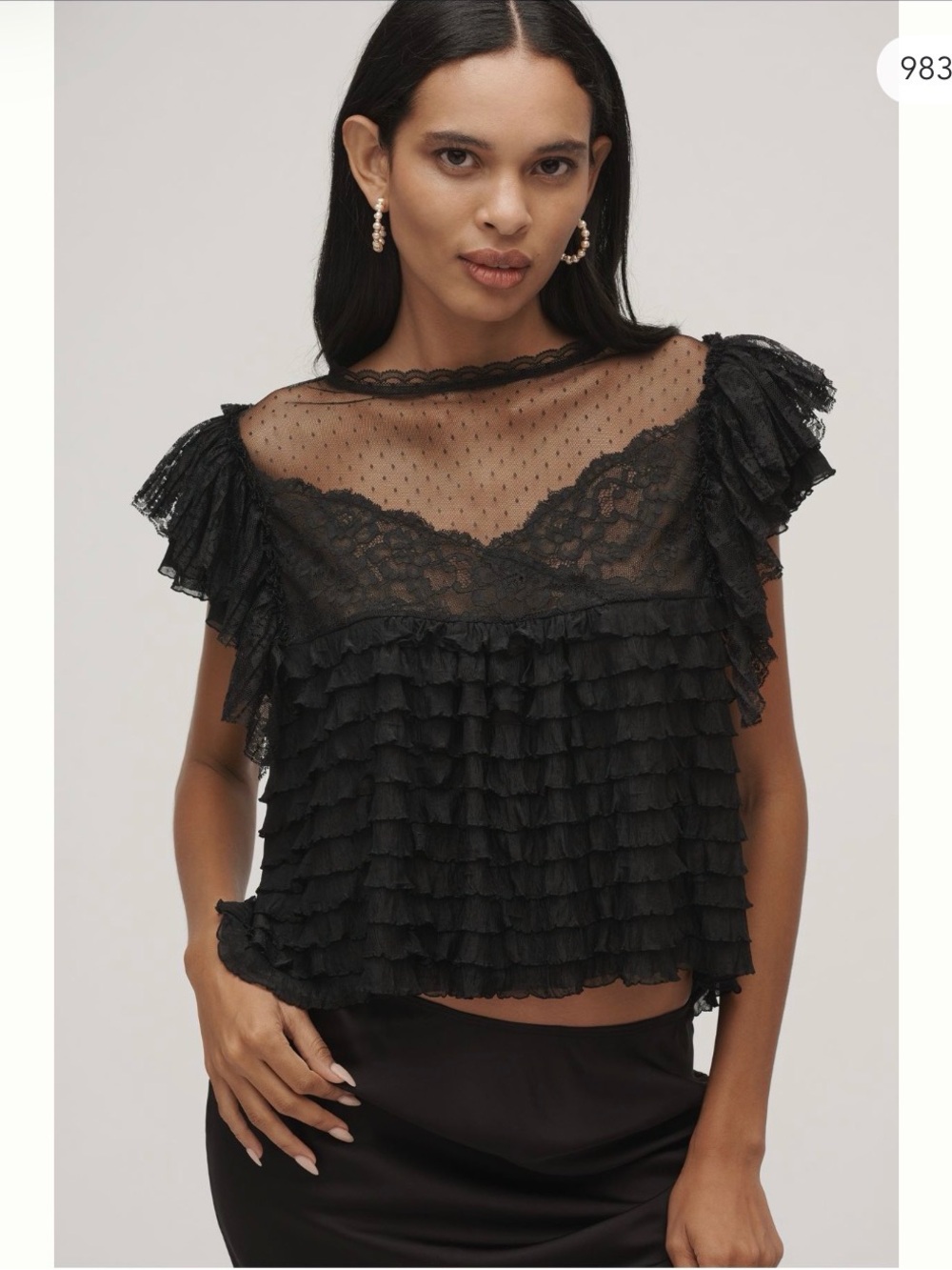 Maeve Sheer Ruffled Blouse in Black Lace and Mesh Women's Top